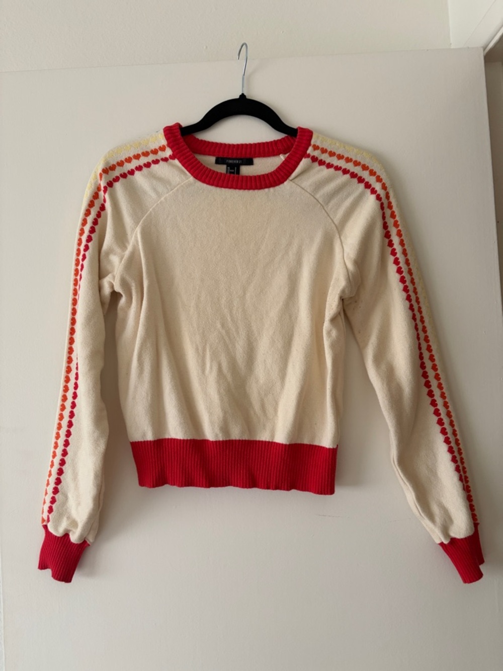 Forever 21 Cream Crewneck Sweater with Red Trim and Sleeve Heart Stripe
